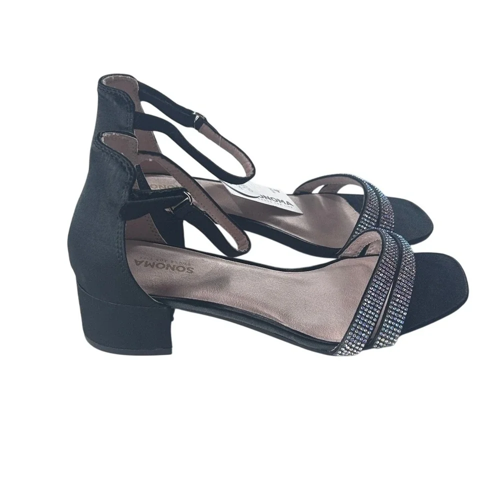 Sonoma HALANABLACK Girls Size 4 Black‎ Rhinestone Block Heel Dress Sandals NWOB